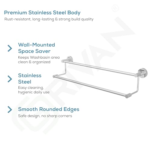 Image of GRIVAN Stainless Steel 2-Step Towel Rod for Bathroom | Wall Mounted Double Bar Towel Rack Rail | Bathroom Cloth Hanger Stand (Silver Chrome, 24 inch)