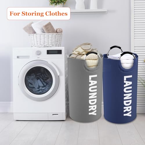 IHOMAGIC 2er Wäschesammler mit Aluminiumgriff, 95L Faltbarer Wäschekorb Groß, Robust Wäschetonne aus Oxford-Stoff, Tragbar Waschesammelbox für Schlafsaal, Reise, Waschküche, Dunkelgrau/Dunkelblau