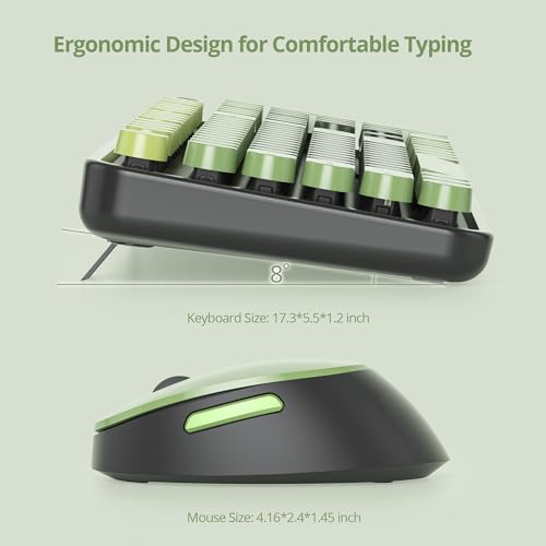 Image of Guffercty kred Dark Green Keyboard and Mouse Wireless, Retro Typewriter Cute Colorful Wireless Keyboard Full-Size 2.4GHz with Round Keycaps for Desktop Laptop and PC(Black Green)