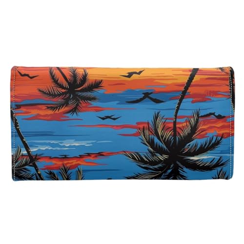 Image of AFPANQZ Leather Wallets for Women Clutch Card Slots Phone Holder Trifold Purses Card, Seaside Palm Large Capacity Card Key Cash Storage Bags Zipper Handbag
