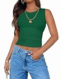 ZESICA Womens Summer Tank Tops 2025 Sleeveless Crewneck Knit Slim Fitted Side Ruched Casual Basic Shirt,Green,Medium
