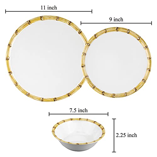 UPware 12 Piece Bamboo Melamine Dinnerware Sets, Outdoor Dishes Set, Plates and Bowls Sets, Service for 4, White