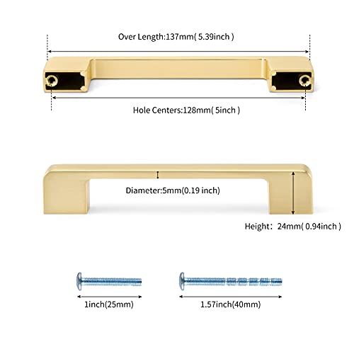 LONTAN 5 Pack Gold Kitchen Handles 128mm Hole Centers Gold Handles for Cupboards Zinc Alloy Square Drawer Pulls Cabinet Hardware - Image 2