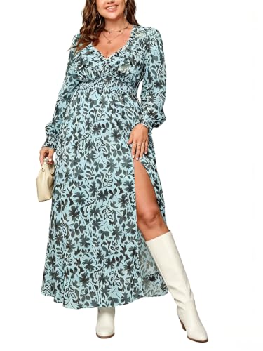 Image of EYWOL Wedding Guest Dresses for Women Long Sleeve Chiffon Floral with Slit | Maxi\Midi, Long, V Neck, A-Line, Chiffon, Elastic Waist, Flowy, Boho, Western, Fall, Flattering, Elegant, Curvy, Maternity,