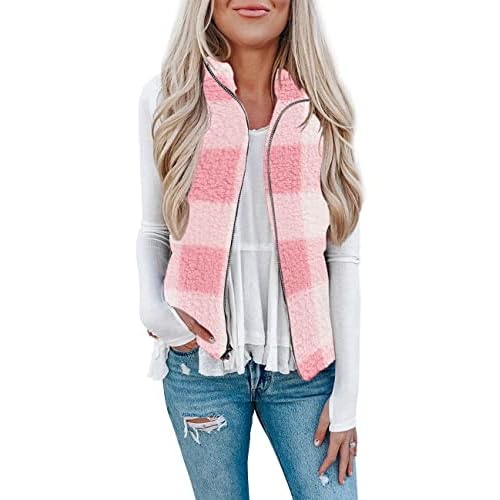 LOMON Womens Fuzzy Sherpa Fleece Jacket Lightweight Vest Cozy Sleeveless Cardigan Zipper Waistcoat Outerwear with Pocket P-pink Plaid Medium