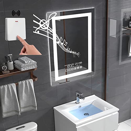 GESIPOR 24"x36" Bathroom LED Mirror with Wireless Speaker Wall Switch - Lighted Vanity Mirrors for Bathroom Wall Mounted Backlit, Dimmable Light 3000K/6000K Anti-Fog Makeup Smart Mirror (Vertical)