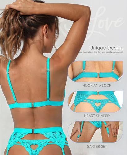Image of RSLOVE Women Lingerie Set with Garter Belt | Heart Cutout Lace Design, Adjustable Fit, Soft Stretch Fabric, 3 Piece Romantic Lingerie Set