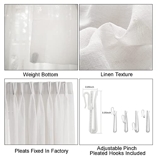 Lantime White Semi Sheer Curtains, Faux Linen Pinch Pleated Extra Long Window Sheer Curtains Panels Drapery For Home, Hotel, Office, 52" W X 120" L, Set Of 2, White #TOP4