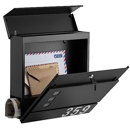 LAND·VOI Lockable Mailbox with 4 Keys, Large Capacity Wall-Mounted Post Letter Box with Newspaper Holder, Easy to Install, Includes Vinyl Mailbox Numbers, 4.13 x 14.56 x 10.6 Inches Matt Black - Thumbnail 7