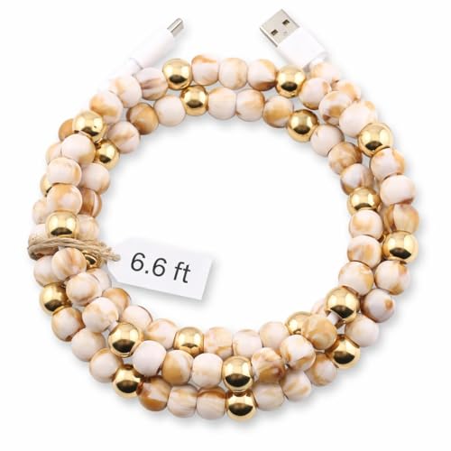 Image of Stylish Beaded Phone Charger Cable Colors USB Charging Cord for Smartphones (USB A to USB C, Marble & Gold, 6.6ft)