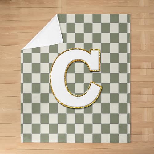 Image of Erosebridal Sage Green Checkered Flannel Blanket Plaid Initial C Fuzzy Plush Throw Personalized Monogram Fleece Blanket for Kids Boys Girls,Fashion Grids Gingham Decor for Bed Couch Queen 90 inchx90 inch