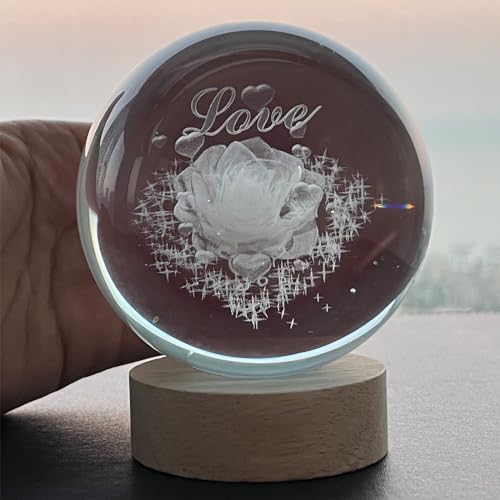 3D Crystal Ball,Night Light,Rose Crystal Lamp,Figurine Lights,Moon Ball 3.15 Inch,with Wood Base,Idea Gift,for Bedroom, Birthdays, Mother's Day - Image 6