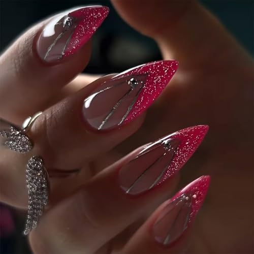 Image of Pink French Tip Press on Nails Glitter Fake Nails Silver Line with Rhinestone Design Medium Almond Glue on Nails Glossy Artificial Acrylic Full Cover Nude Stick on Nails for Women Manicure 24Pcs