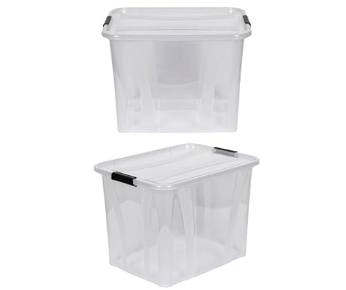 Kreher® XL Aufbewahrungsboxen mit Deckel aus Lebensmittel-geeignetem Kunststoff in Transparent. Stapelbare Lagerboxen für Haushalt, Garage, Industrie (55 Liter, 2er Set)