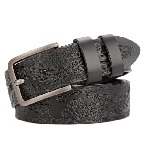 PACDE Western Dragons - Cinturón de piel auténtica tallada para hombre, de piel de vaca, para hombre, Negro, for42"-43"waist size