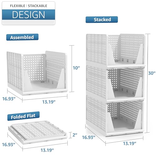 Image of Sorbus 3 Pack Folding Closet Shelf Organizer for Clothes - Versatile Stackable Storage Baskets for Closet, Bathroom, Kitchen and Garage - Easy Access Open Front Design - Plastic Organizer Shelves