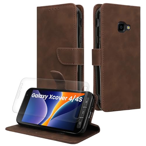 kwmobile Funda Billetera Compatible con Samsung Galaxy Xcover 4 / 4S   Funda con Tapa Tarjetero con Protección RFID y Protector de Pantalla de Vidrio Templado   marrón Oscuro