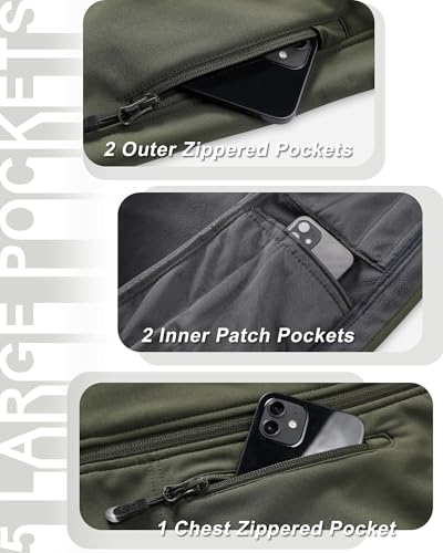 33,000ft Damen Softshell Westen mit Abnehmbare Kapuze Fleece Gefütterte Ärmellose Jacke Wasserdichte Winddichte Sportwesten Vest mit 5 Taschen für Reiten Laufen Wandern Olivgrün L