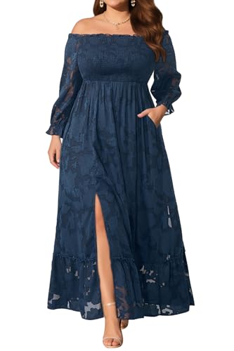 Image of Plus Size Summer Dresses Sun - Maxi Boho Casual Off Shoulder Floral Lace Long Dress with Pockets