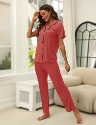 Image of HNG Women Pajamas Set 2 Piece Button Up Pajamas Pant and Short Sleeve Shirt for Woman Pj Sets with Pocket