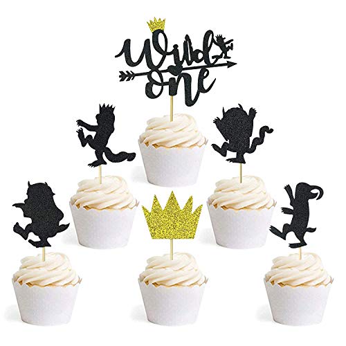 Where The Wild Things are Inspired Cupcake Toppers Wild One Black 1st Cake Toppers Picks for Kids Birthday Party Decorations 36PCS
