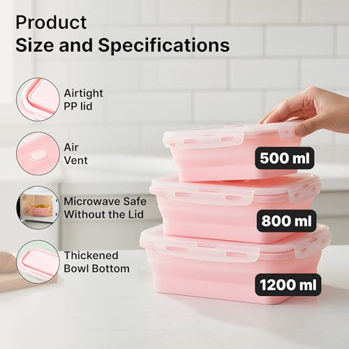 Image of The Better Home Silicone Lunch Boxes | Airtight Foldable | Pack of 3 | 1200ml, 800ml, 500ml | Lightweight, Microwave Safe, Travel-Friendly | Pink | Perfect for Kids, Office, School.