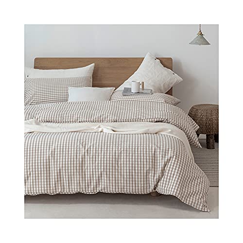 Image of F.Y.Dreams 100% Washed Cotton Duvet Cover for Weighted Blanket 60x80 inches with 16 Ties, Zipper on Long Side /Khaki and White Grid /Just Duvet Cover