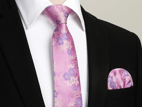 Image of HISDERN Extra Long Ties for Men Classic Floral Tie and Pocket Square Elegant Silk Necktie Handkerchief Set Wedding Party
