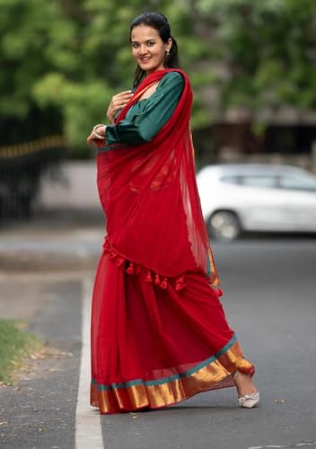 Image of Sudip callection Handloom Mul Cotton Saree for Women - Bottle Green with Pink Border Golden Zari Line & Tassel Pallu