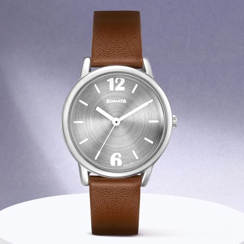 Image of Sonata Excl Fkt Plain 3 Hands Silver Round Dial Tan A1Leather Strap Women's Watch - NS8172SL02