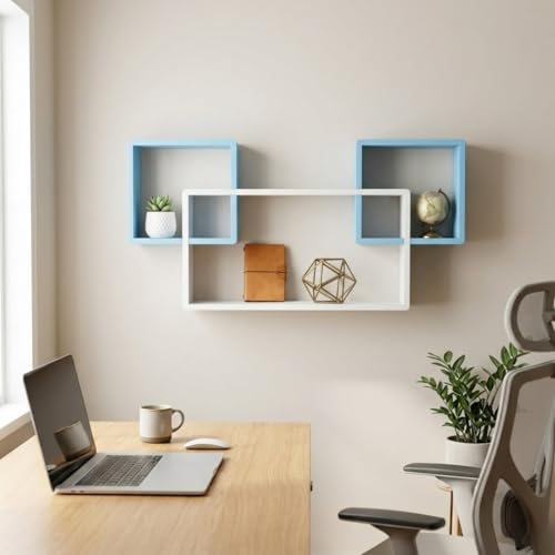 Image of Modern Geometric Floating Wall Shelf - Wall Mounted Decorative Display Shelves for Living Room, Bedroom & Office | Wooden Wall Shelf for Home Decor, Books, Plants & Showpieces WHITE & SKY BLUE