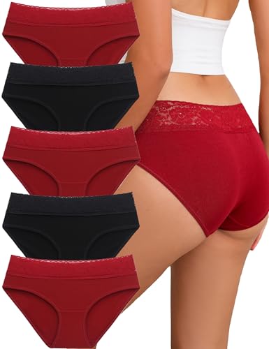 Wukemimi Women's Bikini Underwear 5-piece Set - Soft Cotton Breathable Underwear (3 burgundy...