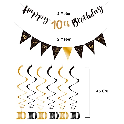 10th Birthday Decoration Kit - Happy 10th Banner Bunting Swirls Streamers, Triangle Flag Banner for Party Decorations, Black and Gold by BRT Bearingshui - Used condition - Image 3