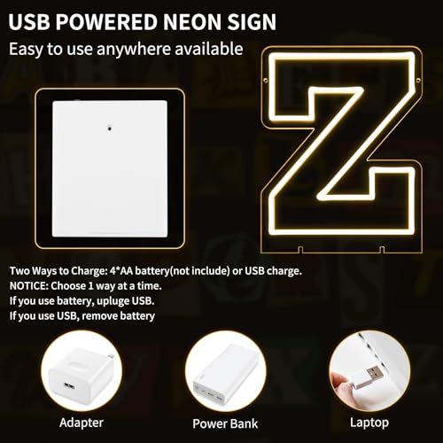 Image of Light Up Letters Z, Led Marquee Letter Lights Neon Sign, 13.9 inch Height Decorative Lighted Alphabet Number, Battery /USB Powered Led Letters Lights for Wedding, Birthday, Party, Christmas or Home Decor