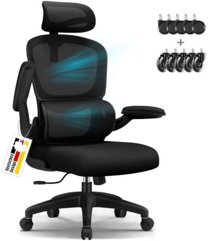 Bürostuhl, Bürostuhl Ergonomisch, Schreibtischstuhl mit Segmentierter Rückenlehne, Adaptiver Lendenstütze und 90°klappbaren Armlehnen, Schreibtischsessel Neigbar bis 135°, Office C