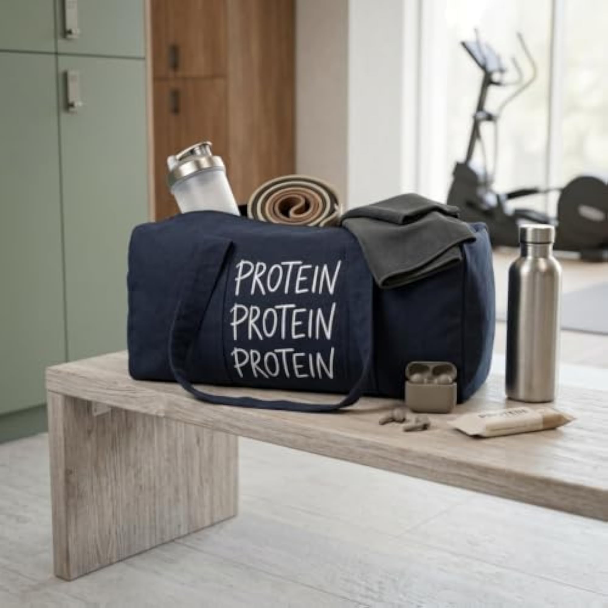 Duffle Bag for Men, Cotton Canvas Gym Bag, Blue Protein Print