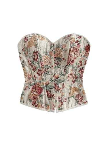 MakeMeChic Women's Floral Strapless Corset Top Vintage Lace Up Bustier Going Out Top