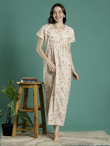 Image of 9shines Label Stylish Chikankari Cotton Nighty Maxi for Women | Full Length Nightgown | Nightdress with Pocket | Embroidery Nighty | Soft Comfortable Cotton Nightwear (1545)