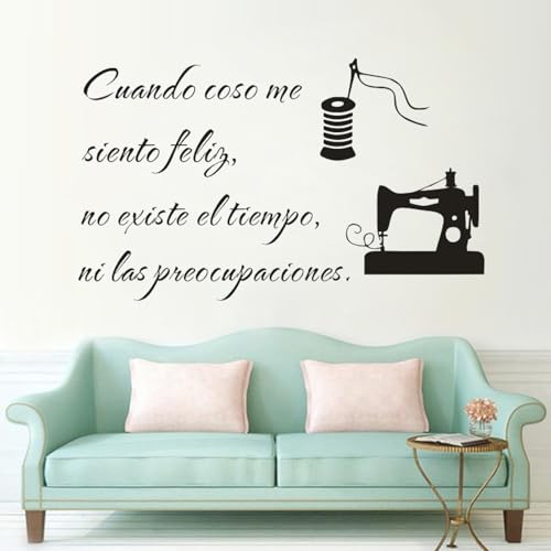 POOBA Sewing Machine Wall appliqué Spanish Sewing Text When I sew I Feel Happy Quote Wall Decals Sewing Shop Decoration Vinyl appliqué