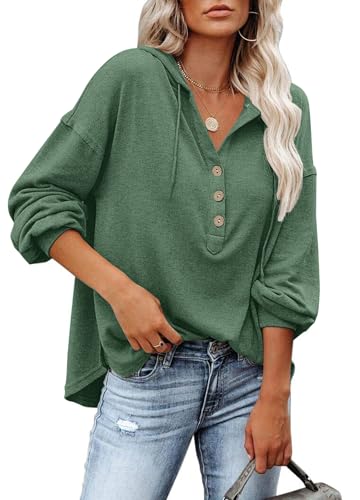 AUSELILY Women's Casual Hoodies V Neck Flexible Drawstring Button Up Loose Fit Pullover Fall Tops,Forest Green,L