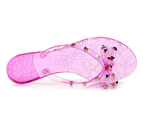 Image of Studded Jelly Shoes for Womens Bow Flip Flops Jellies Sandals Flat Black Summer Beach Thong with Rivets Strappy Slides Slip On