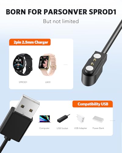 Parsonver [2-Pack Smart Watch Charger for SPROD1, Magnetic USB Charging Cable for Smartwatches with 2-pin 2.5mm Cable, Compatible with P22, LW31, LW45, D10, N29, i13, Y20GT, i18, P58, H76, I22, P25