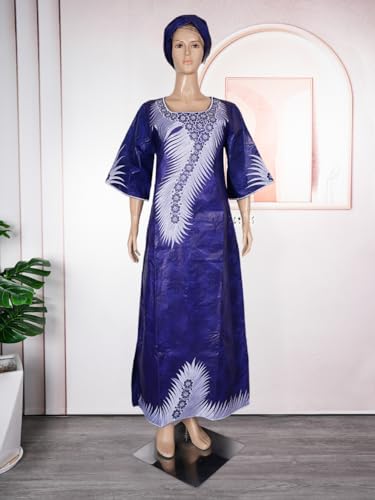 Image of HD African Bazin Riche Maxi Dress for Woman Traditional Embroidery Dashiki Dresses with Head Wraps