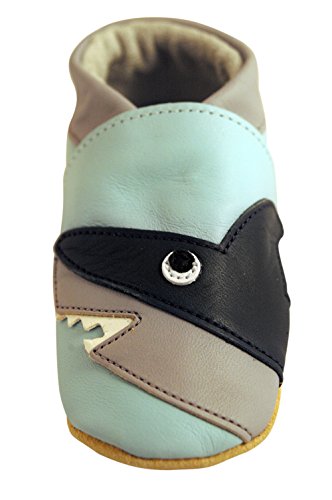 Three Little Imps Handgemachte weiche Kleinkind-Schuhe aus Leder - Bissiger Hai auf blassem Blau 6-12m (SKPB) Cover