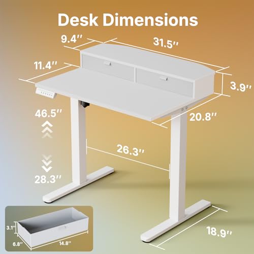 Image of HUANUO 32 inch X 21 inch Electric Standing Desk with 2 Drawers, C-Clamp Mount Compatible, Height Adjustable Computer Desk, Home Office Stand Up Desk with 4 Preset Heights & 2 Hooks, White