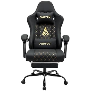Andyou Sedia Gaming, Sedia da Ufficio Ergonomica, Sedie da Corsa Per PC, Pelle PU, Ampia Sedie Operativa Girevole Regolabile con Poggiapiedi, Carico 150 kg, Nero