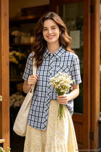 Image of SANGTREE Girls Women Plaid Shirt Short Sleeve Button Down Summer Blouses