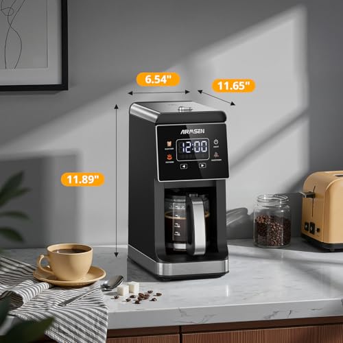 Image of AIRMSEN Grind & Brew Coffee Maker with Built-in Grinder, Programmable Single Serve Coffee Maker - 5 Cup-800ML, 3 Grind Settings, Auto Keep Warm & Glass Carafe for Small Home and Office