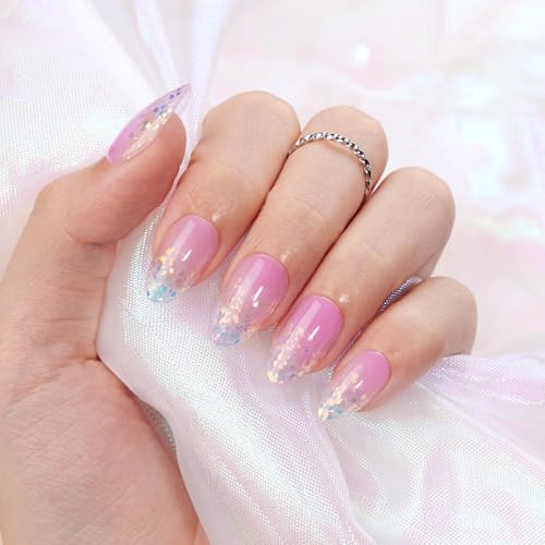 VSALON Almond Short Press On Nails, Pastel Pinky Purple Ombre Blue Sparkle Semi-Transparent Mermaid Design False Nails, Reusable Soft Gel Fake Nails with Glue & Cuticle Oil - 32 PCS in 16 Sizes