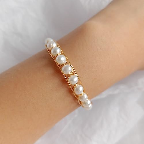 Bracelet jonc acier mémoire perles eau douce et fil plaqué or artisanal